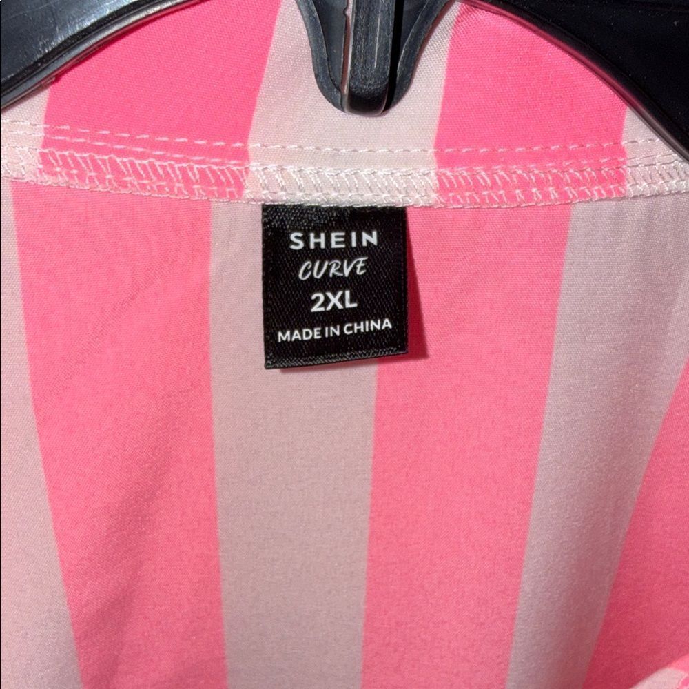 SHEIN Neon Pink & White Vertical Stripe Short Sleeve Button-Down Shirt - Picture 2 of 4